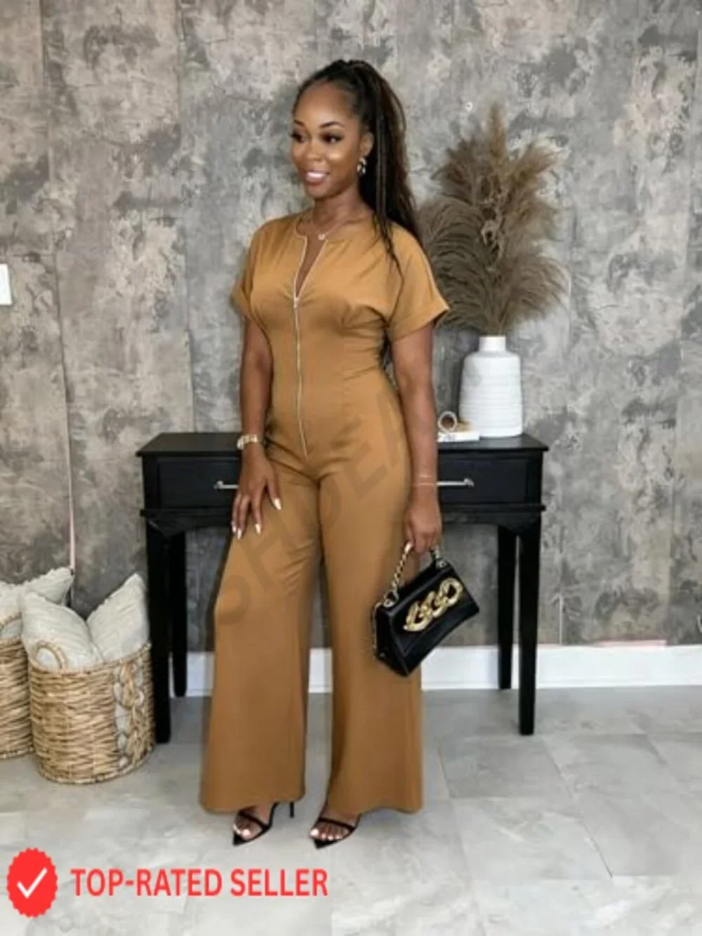 Wide Leg Jumpsuit Zip Up V Neck Short Sleeve Romper